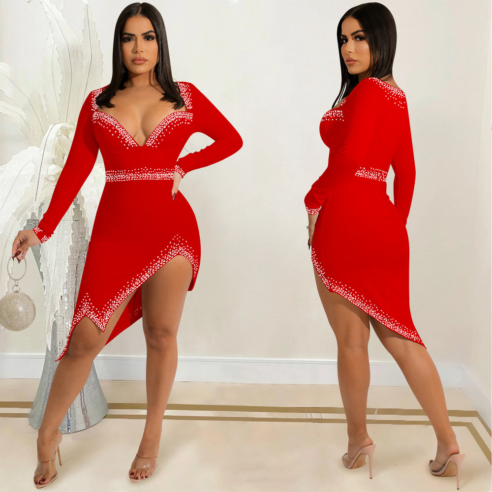 X5532   fashion sexy rhinestone nightclub women's v-neck long sleeve slit irregular dress