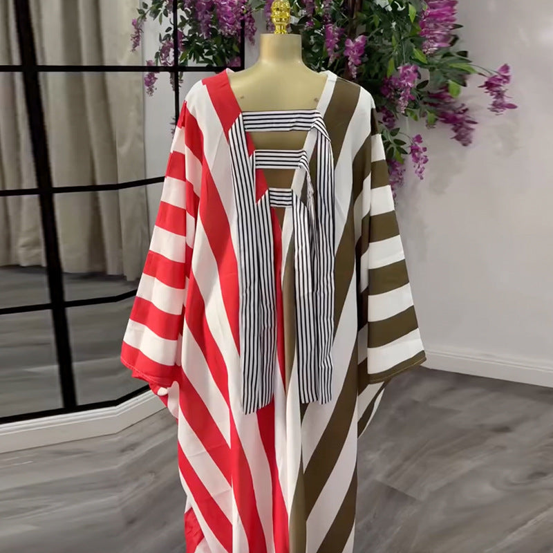 European and american cross-border women's clothing:  spring new arrival - casual plus size loose v-neck striped backless dress with large pockets