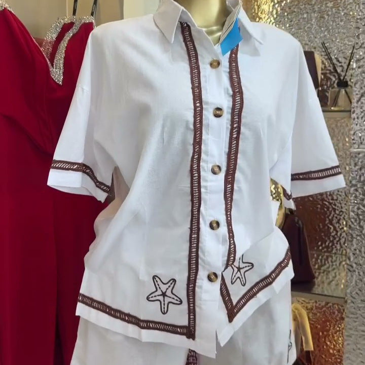European and american cross-border women's fashion:  summer new collection - chic and elegant loose-fit turn-down collar short-sleeve shirt and wide-leg shorts set