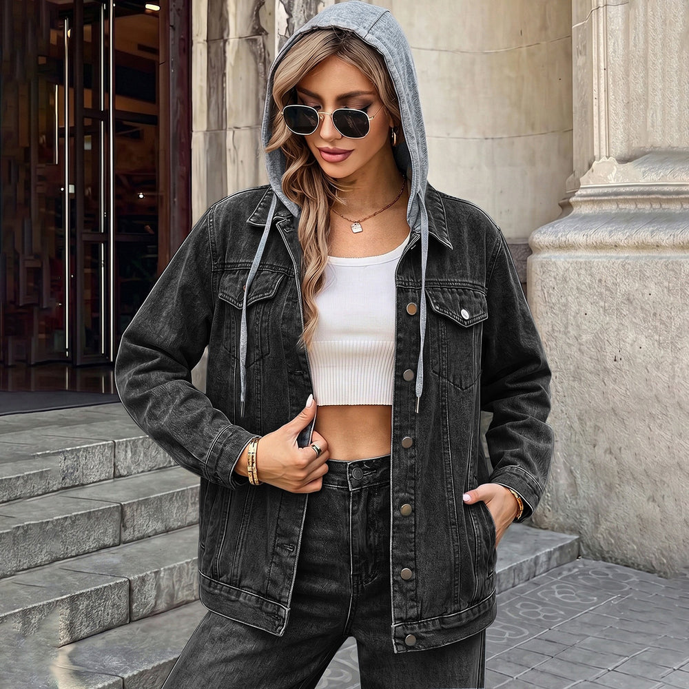 Fashion cross-border foreign trade  lapel long sleeves single breasted double flap pocket pantsloosetrendyeasiest for match denim outwear women