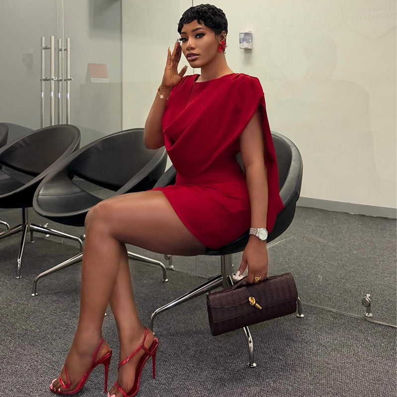 European and american cross-border women's fashion:  summer new arrival - elegant pleated design, slim-fit red mini dress