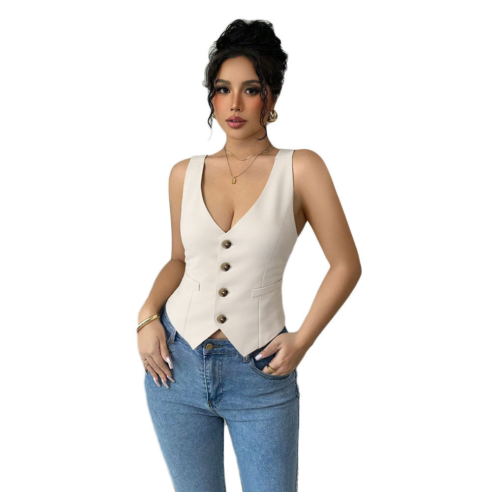 Shein Independent Station Cross-border Women's Single-breasted Suit Vest Vest Retro Spice Girl Short V-Neck Top