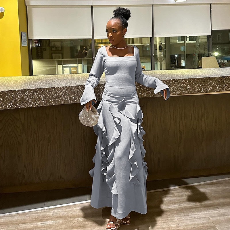 European and american cross-border chic women's clothing:  autumn new arrival - solid color long sleeve square neck slim fit ruffle hem maxi dress