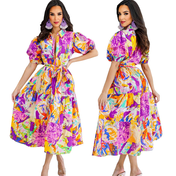 10052 Cross-border Europe and America  Lantern Sleeve Polo Collar Printed Long Dress Shirt Pastoral Dress