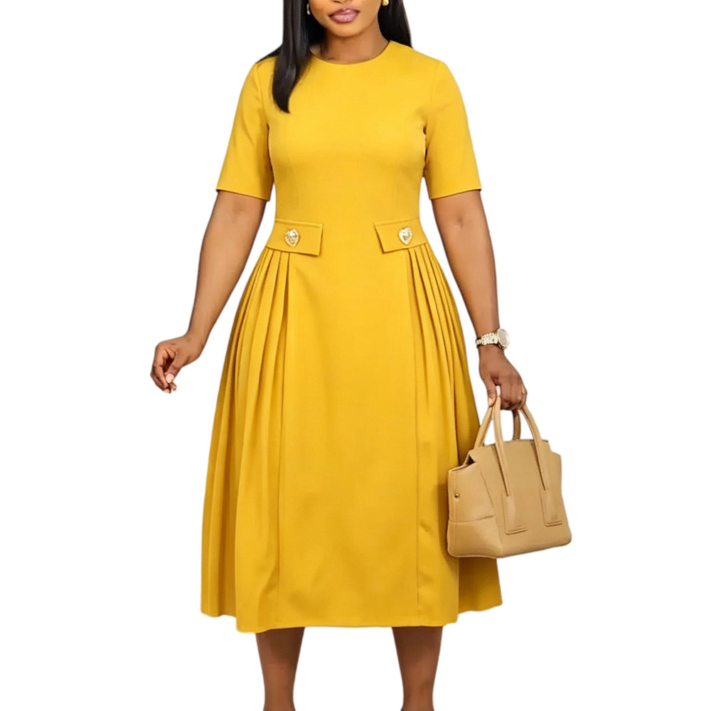 C8661 african women's clothing  summer new arrival: round neck short sleeve elegant solid color midi dress, european and american style