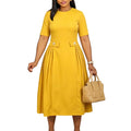 C8661 african women's clothing  summer new arrival: round neck short sleeve elegant solid color midi dress, european and american style