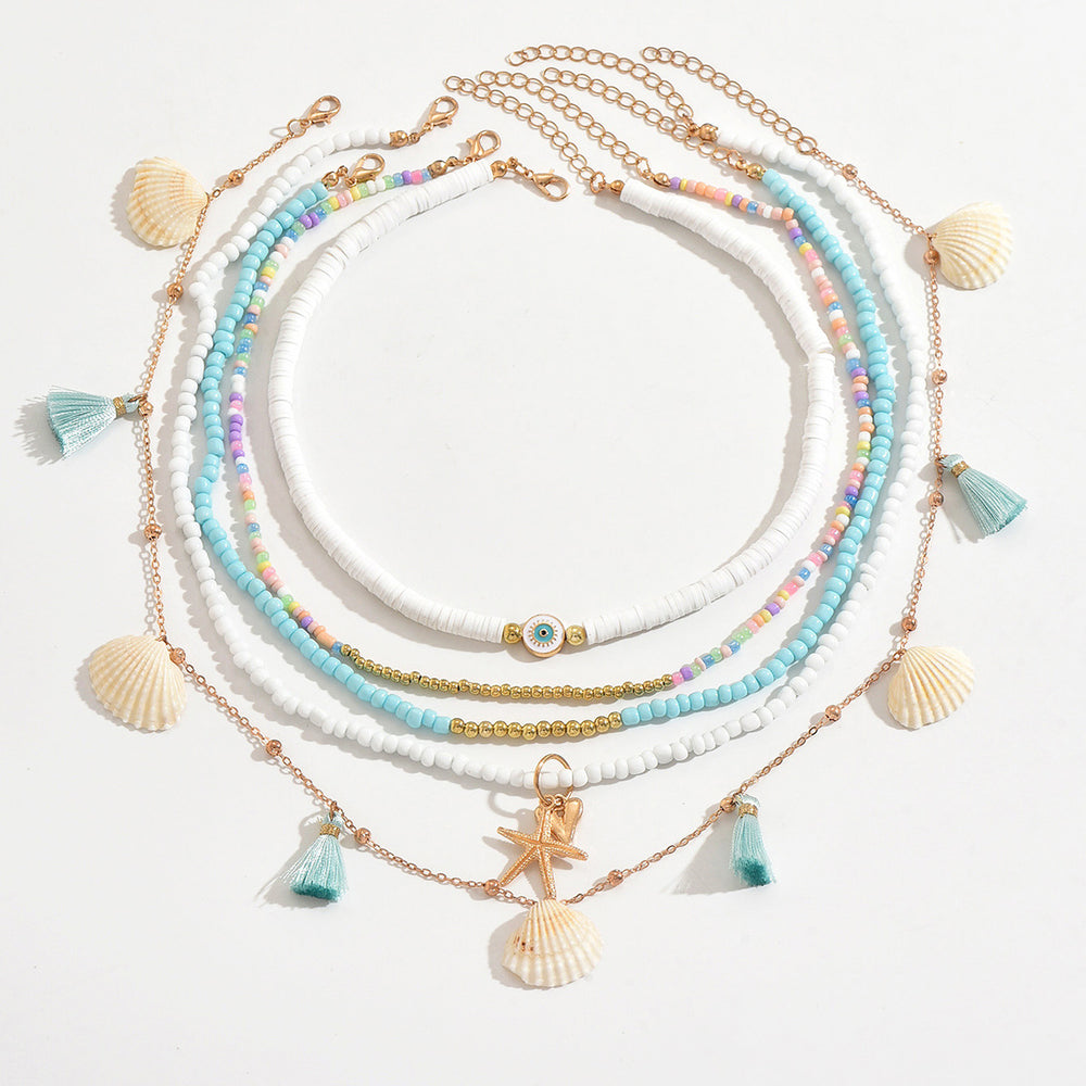 European and american cross-border jewelry: bohemian polymer clay beaded necklace, unique starfish and seashell pendant layered necklace for women