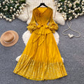 Dopamine yellow lantern sleeve french a-line dress - women's spring v-neck waist-cinching pleated maxi dress - high-end elegant style