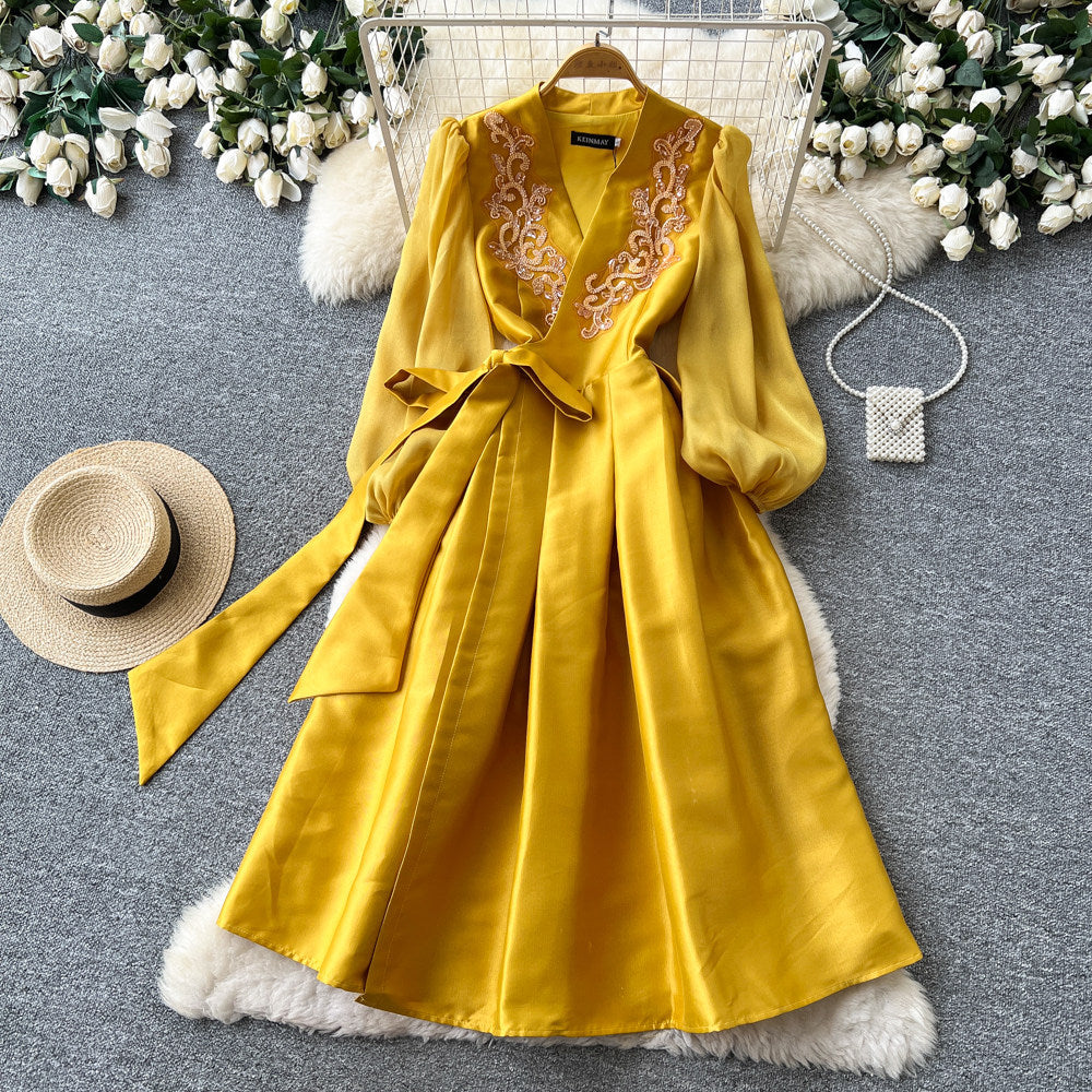 Luxury chic v-neck embroidered elegant dress - women's summer long sleeve tie-waist a-line dress - elegant and refined