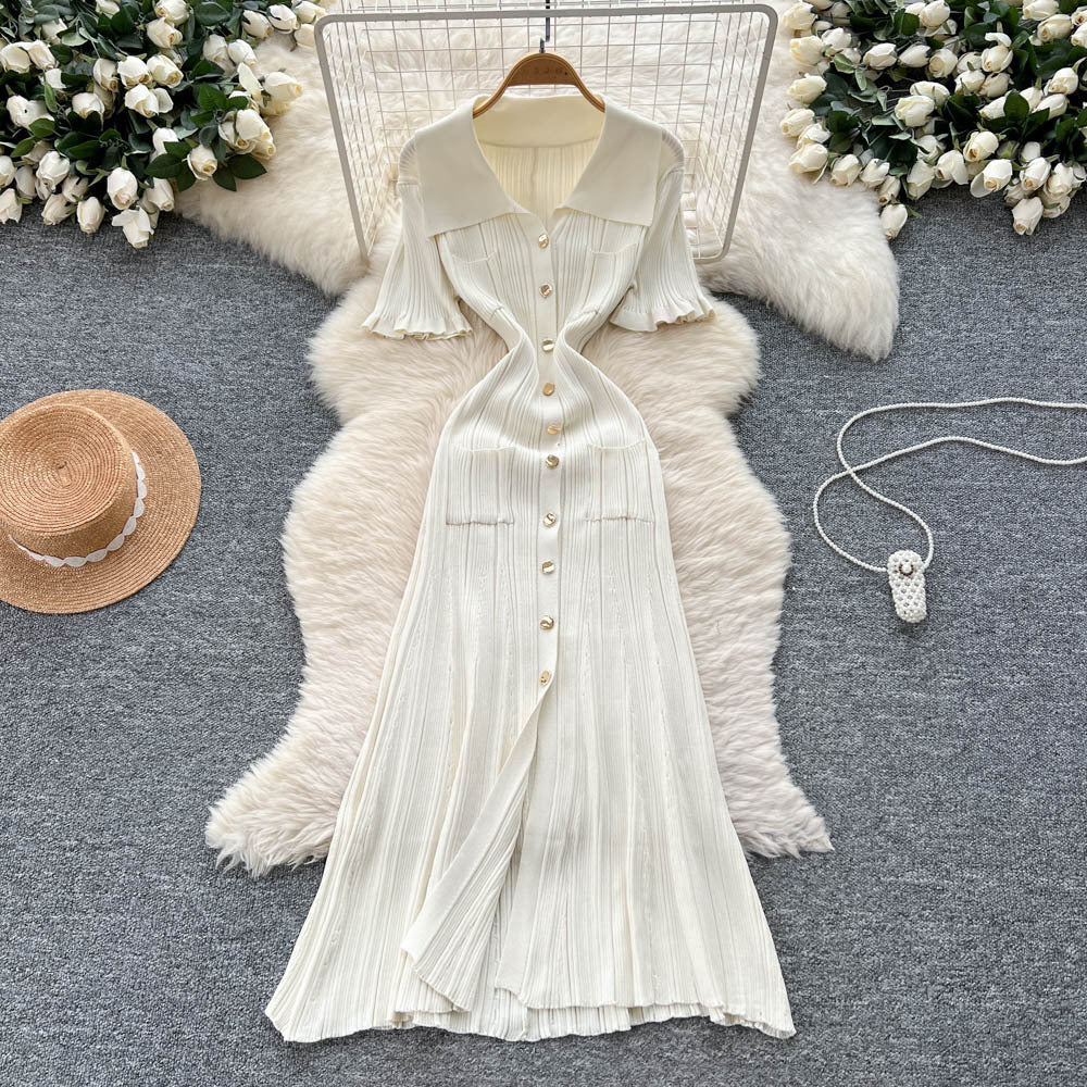 Korean style minimalist design turn-down collar knitted dress - women's summer slim fit, single-breasted, elegant long dress