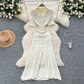 Korean style minimalist design turn-down collar knitted dress - women's summer slim fit, single-breasted, elegant long dress