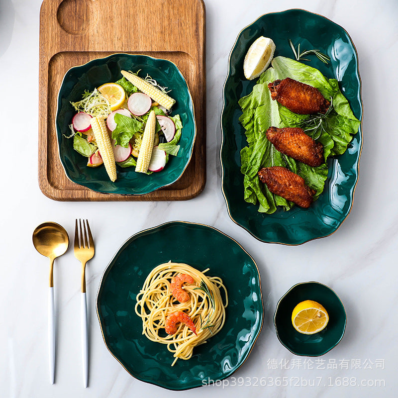 Nordic home decor personalized creative bowl, plate, and dish set - trendy green gold-trimmed ceramic dinnerware
