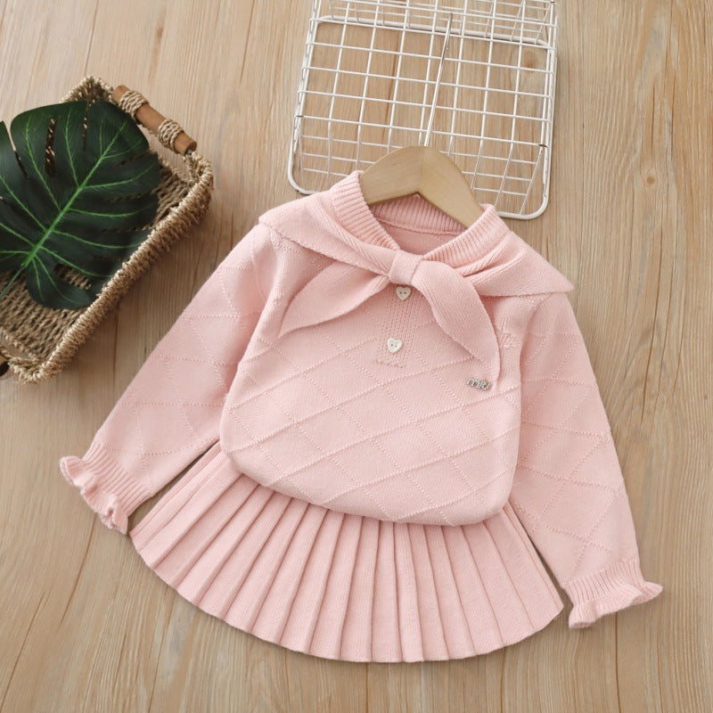 Girls' knitted sweater dress set - new autumn  collection: navy collar two-piece set, preppy style