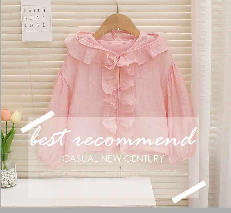 Korean style sun protection clothing for girls, summer : chic and sweet ruffle trim, lightweight and fashionable hooded sun jacket for kids