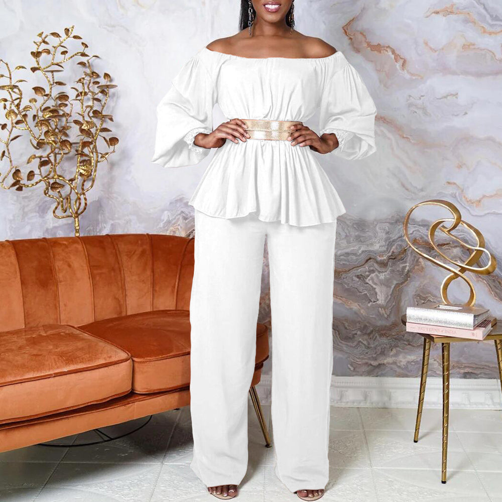 C8535p with belt cross-border women's clothing  one-piece collar long-sleeved top loose wide-leg pants european and american suit