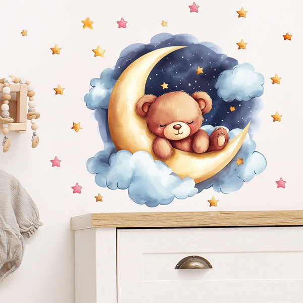 Cross-border new cute bear sleeping on the moon home decoration creative sticker detachable self-adhesive sticker