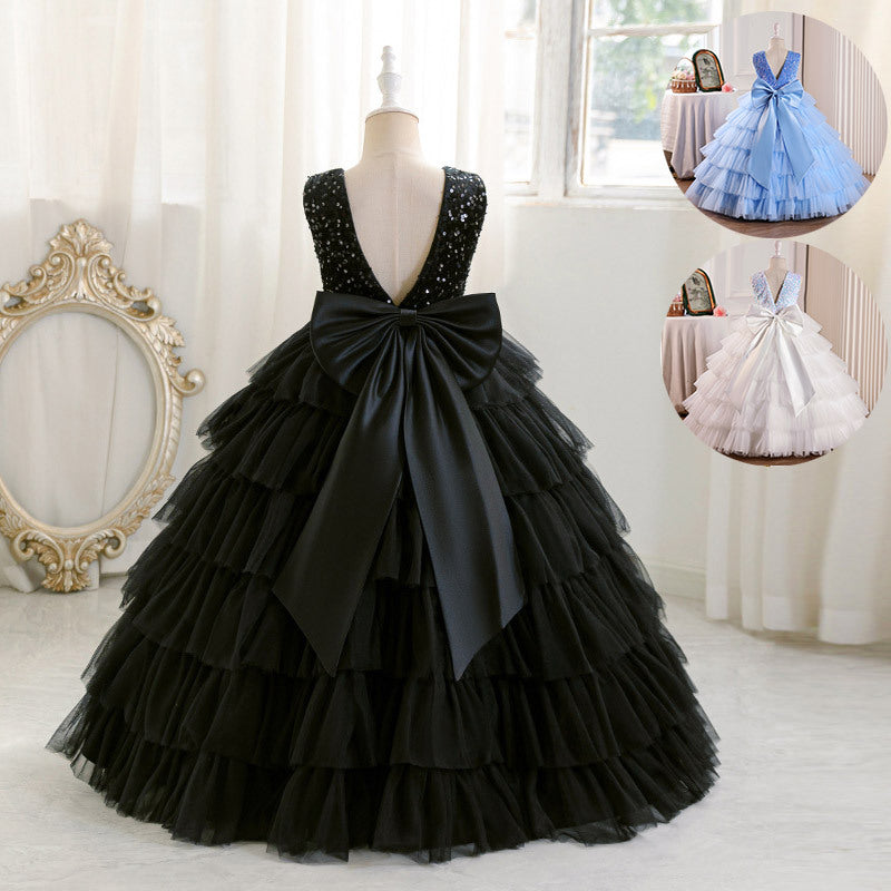 european and american girls' evening dress, long cake skirt, black elegant high-end bow sequin dress, in stock