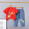 Kids' summer casual outfit: cartoon giraffe print t-shirt + denim shorts two-piece set - wholesale