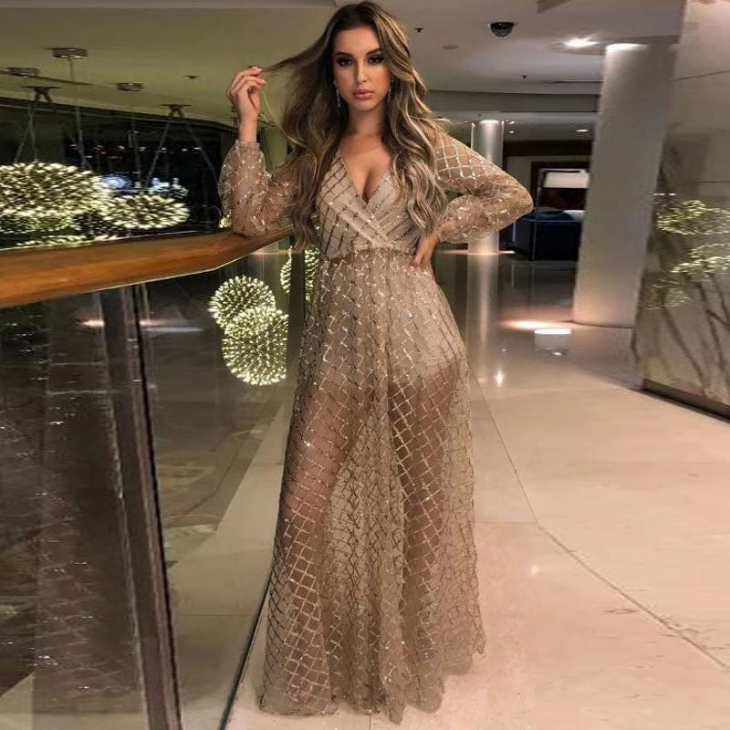 summer new arrivals: european and american style sexy v-neck backless sequin mesh evening gown/maxi dress