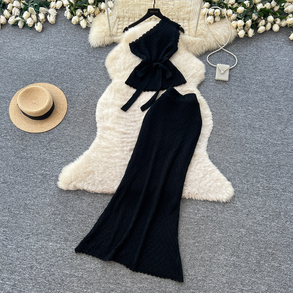 Vacation style knitting vest sleeveless high waist skirt women's summer silmslimming lookwork clothingeleganceeleganttwo-piece set