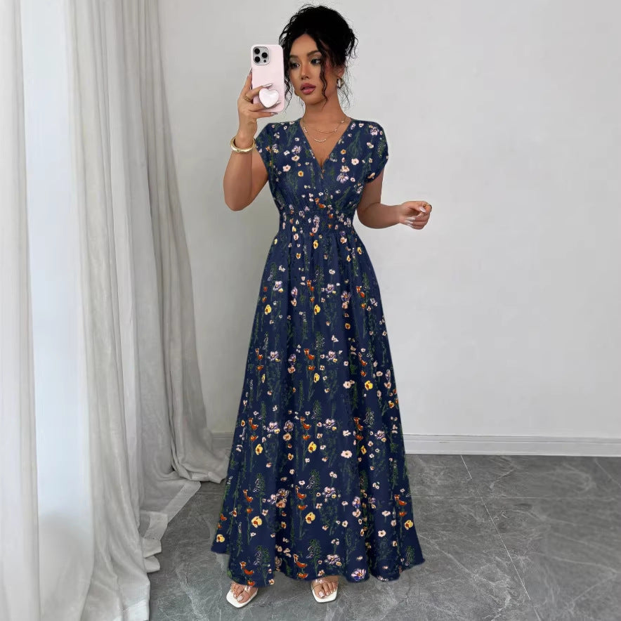 european and american cross-border new summer v-neck french floral print bodycon dress