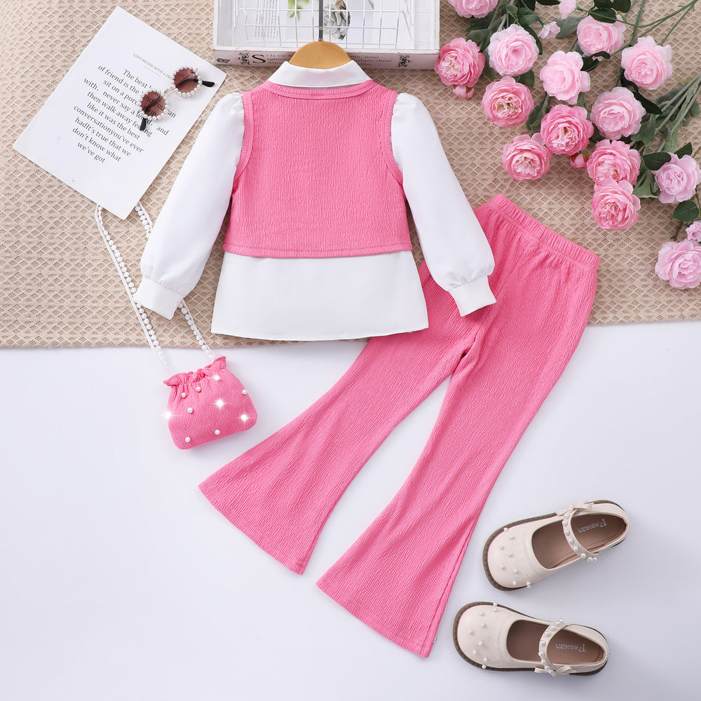 Girls' two-piece set (toddler): long-sleeve shirt + vest + pants + bag (four-piece set)