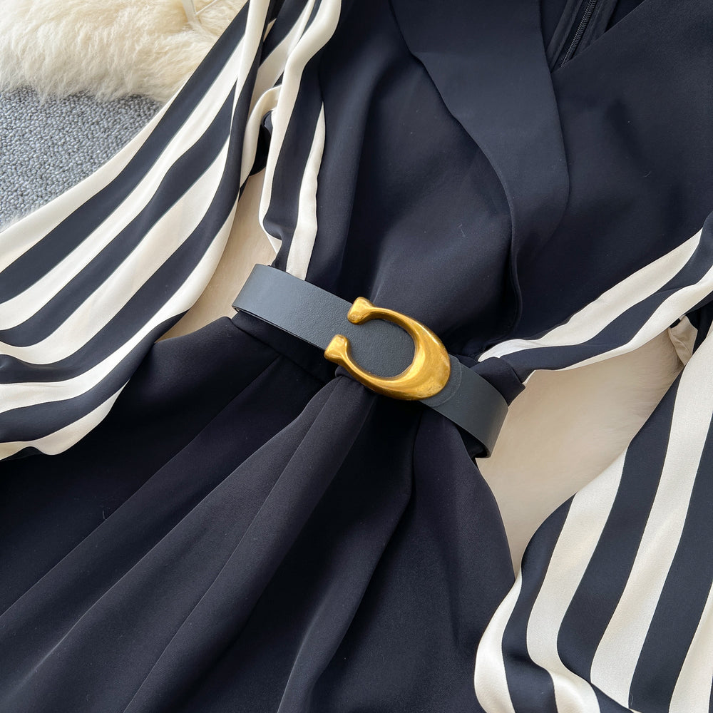 Light mature stylecontrast colorstripes lantern sleeves waist suit collar jumpsuit women's high waistslimming look jumpsuit wide leg pants