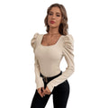 european and american women's fashion square neck slim fit bell sleeve knitted long sleeve t-shirt - in stock for workwear