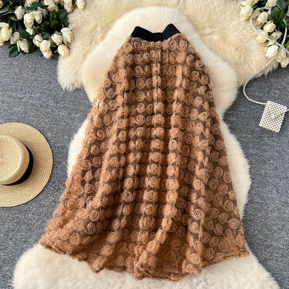 French heavy industry stereo rose flower high waist skirt women's styleeasiest for matchslimming lookelegance large swing a-line umbrella skirt