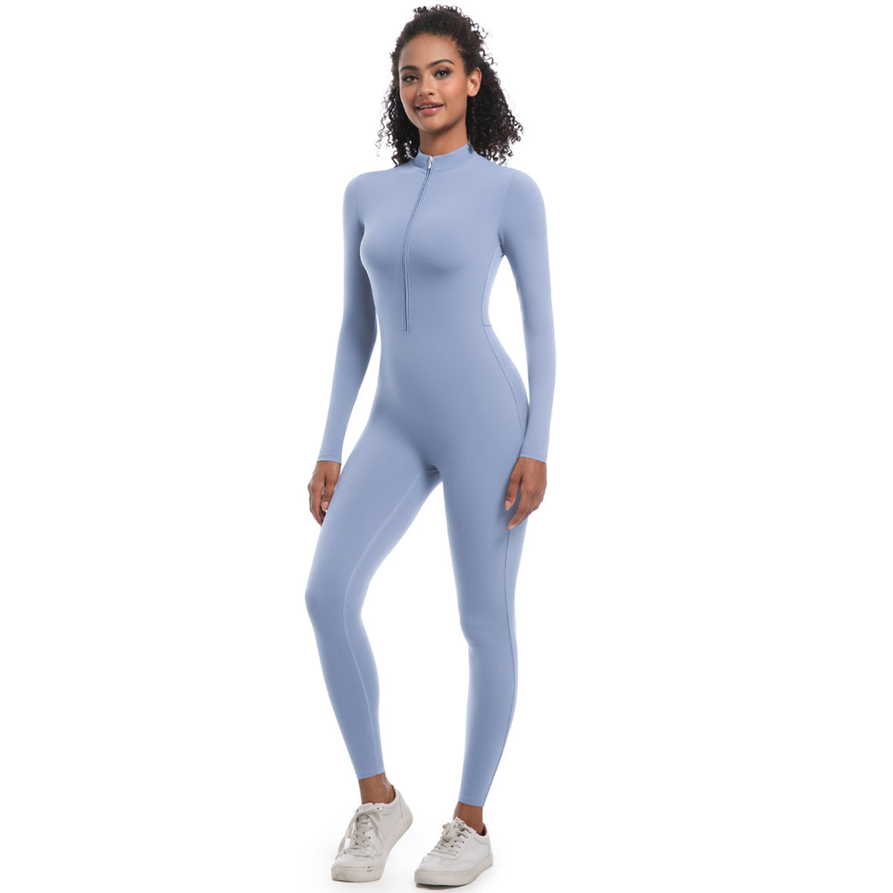 New arrival cross-border fashion half-open zipper tight pure color high elastic long yoga wear fitness running sports jumpsuit