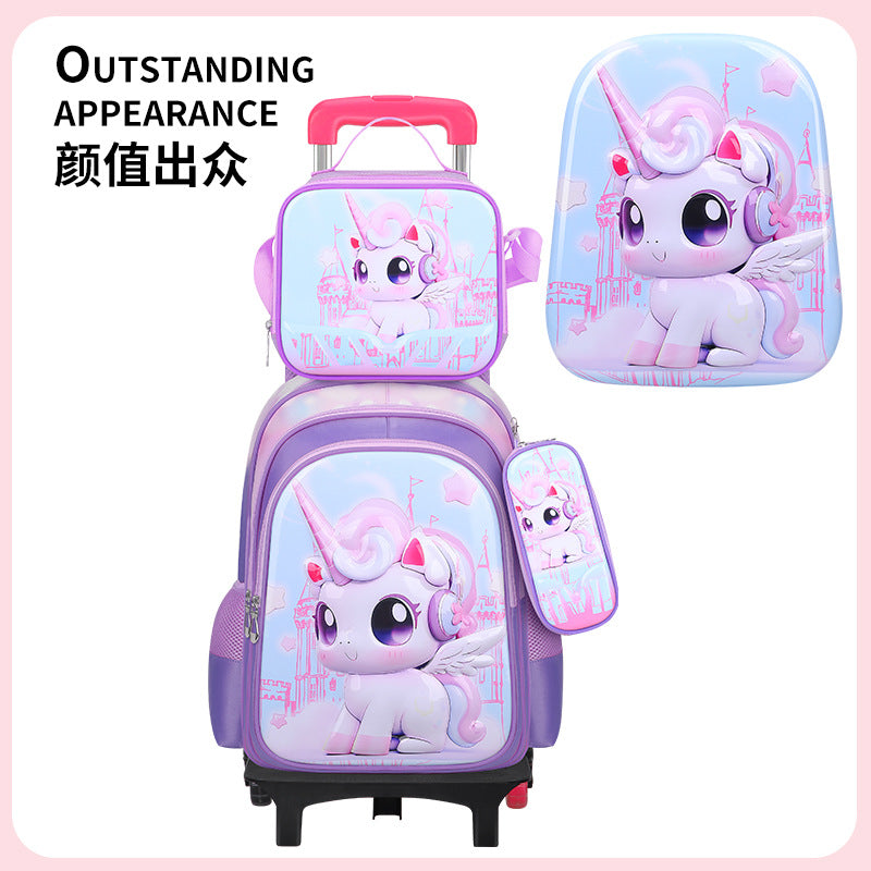 New 3d leather elementary school nylon fabric three-piece set kids' trolley backpack foreign trade lunch bag factory in stock