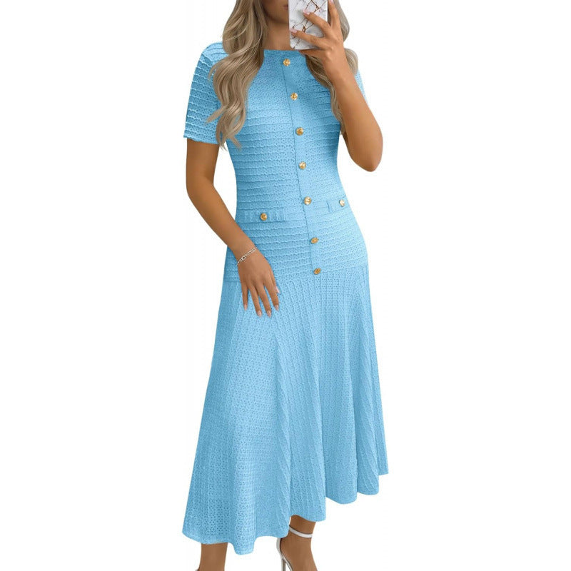 Amazon sweet & spicy  summer casual short-sleeve crew neck versatile button-up textured slim-fit midi dress