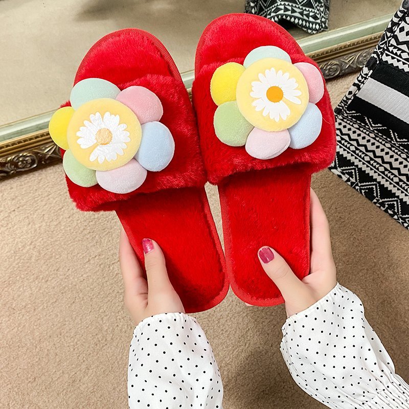 Women's fuzzy slippers - new korean style floral design, sweet and warm, indoor/outdoor use, home floor flat cotton slippers for winter