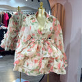 European and american cross-border women's fashion:  summer new arrival - fresh floral print, bow detail, cinched waist, ruffle hem, long sleeve dress