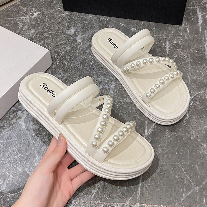 Beaded slippers women's summer outwear fashionnew arrival pearl fairy style two wear thick sole tweed style beach beach shoes
