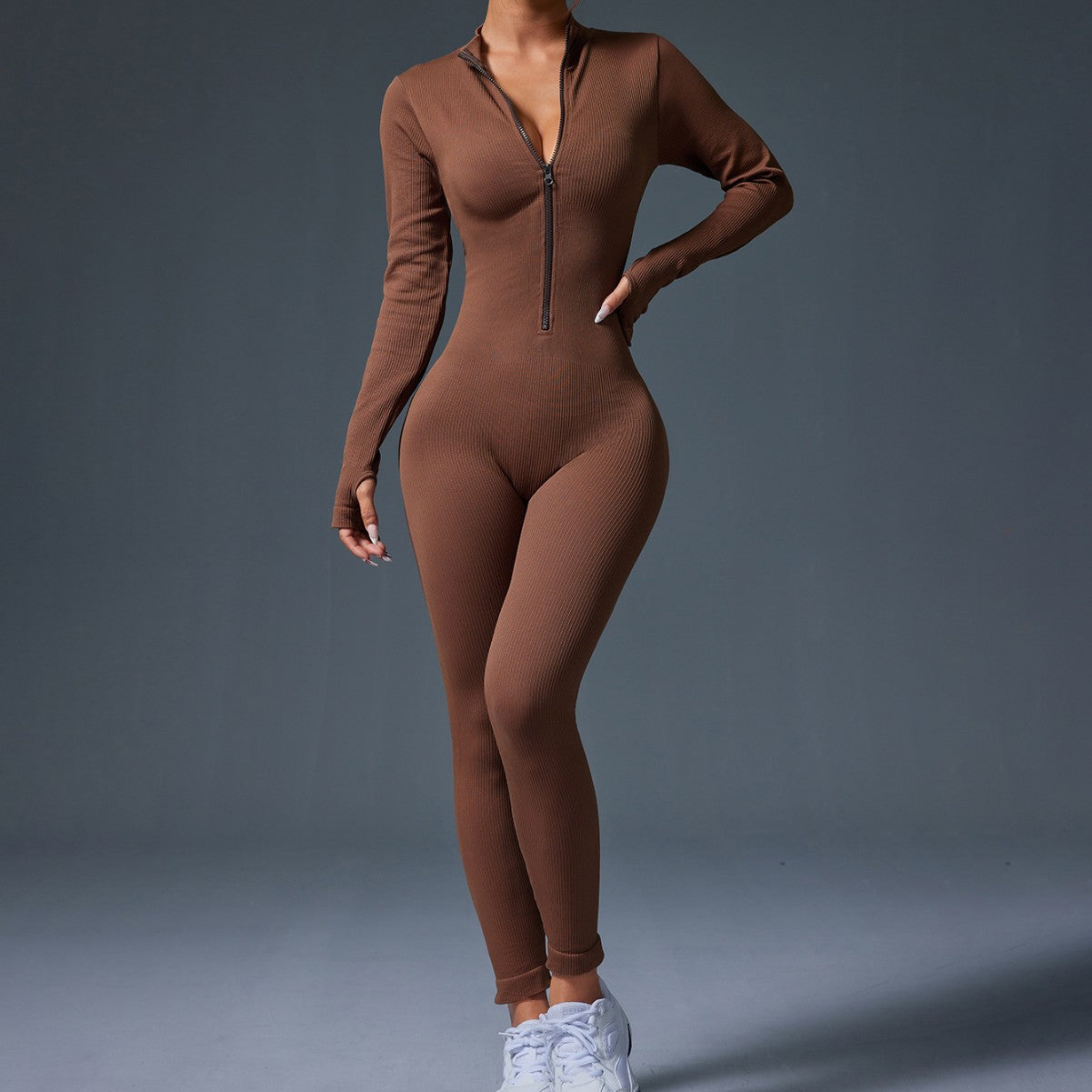 popular thick-threaded sports jumpsuit women's zipper thumb hole tight long-sleeved stand-up collar yoga clothes Europe and America