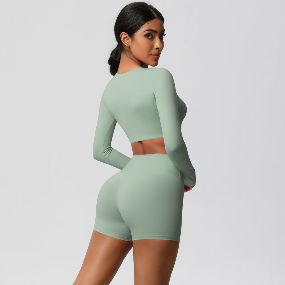 European and american new arrival: brushed long-sleeve yoga set - tight-fit, butt-lifting shorts, quick-dry running & fitness outfit for pilates