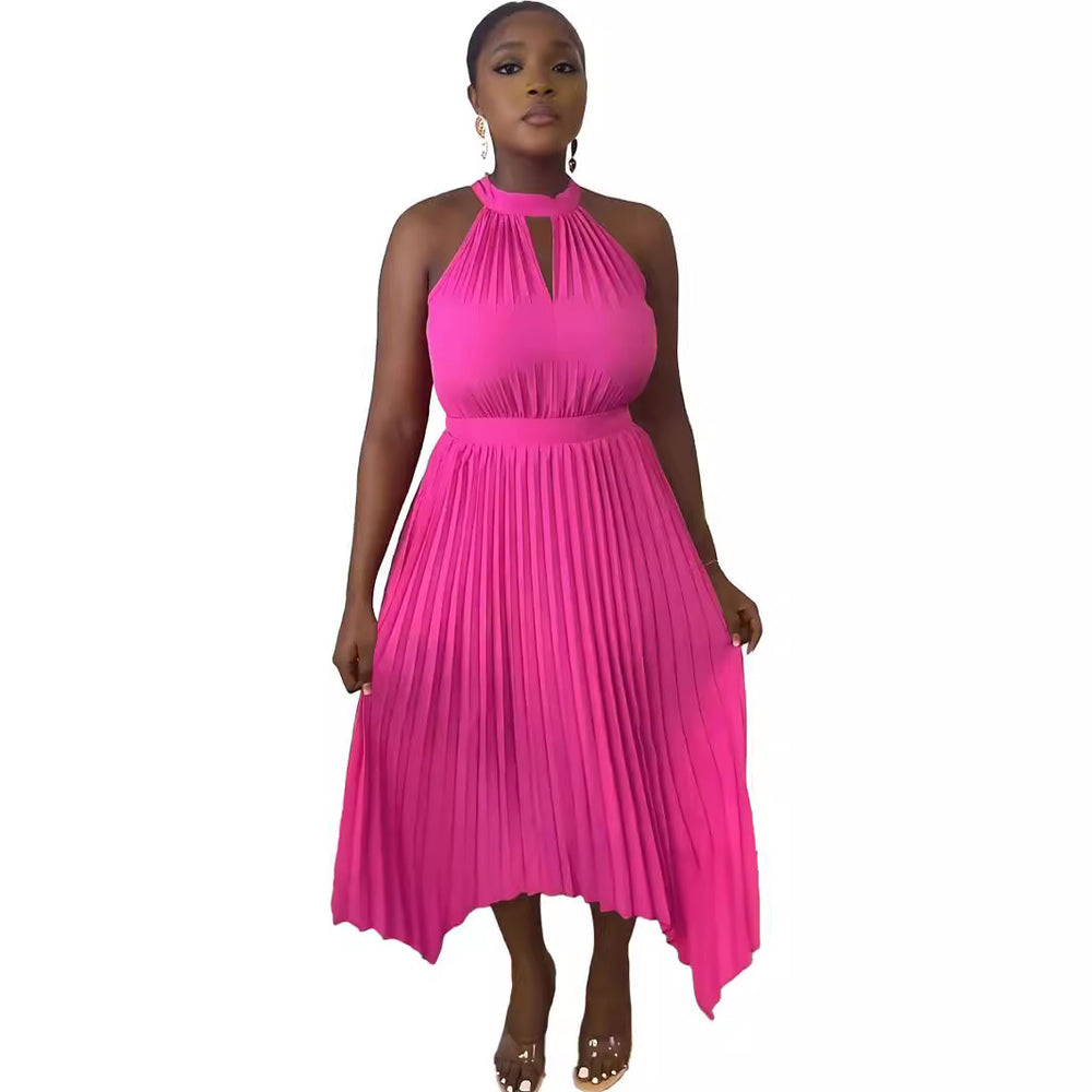 new sleeveless off-the-shoulder pleated asymmetrical halter neck slit pleated dress for cross-border fashion on  (us & europe)