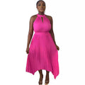 new sleeveless off-the-shoulder pleated asymmetrical halter neck slit pleated dress for cross-border fashion on  (us & europe)