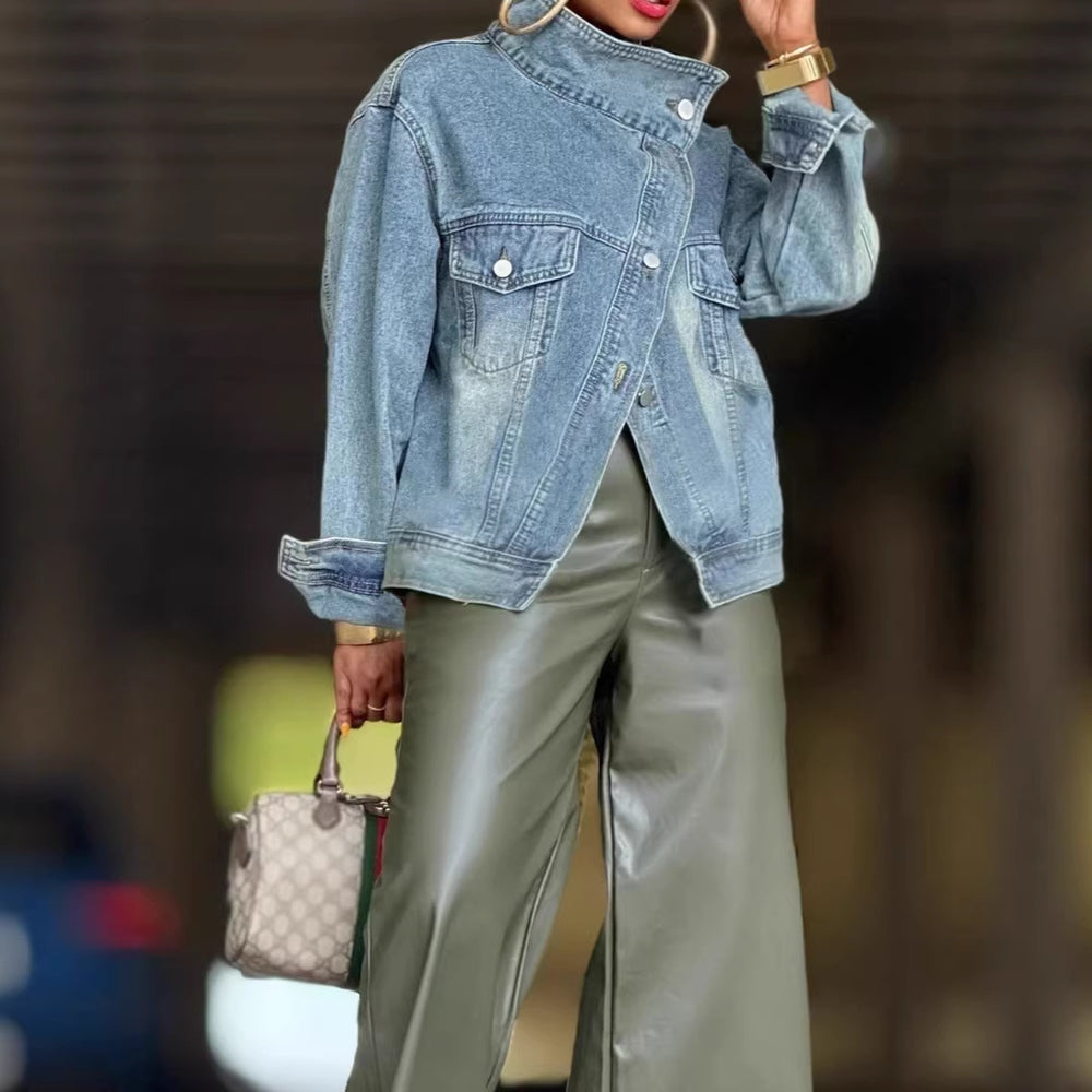 cross-border independent station  street motorcycle washed stand collar denim short jacket loose denim outwear