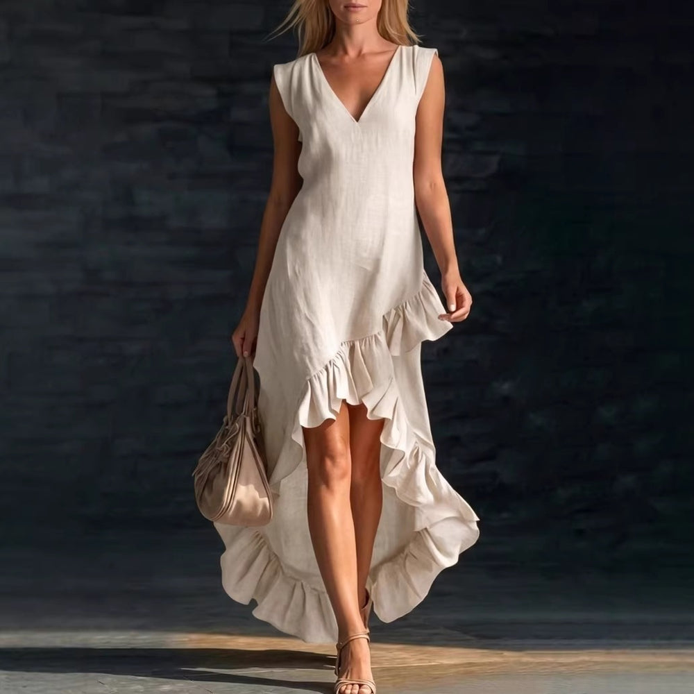 european and american cross-border  new fashion romantic sleeveless v-neck ruffle hem cotton linen maxi dress