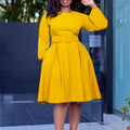 D418 women's foreign trade dress,  autumn/winter new collection, fashionable round neck, long sleeve, high waist, large skirt, solid color african dress