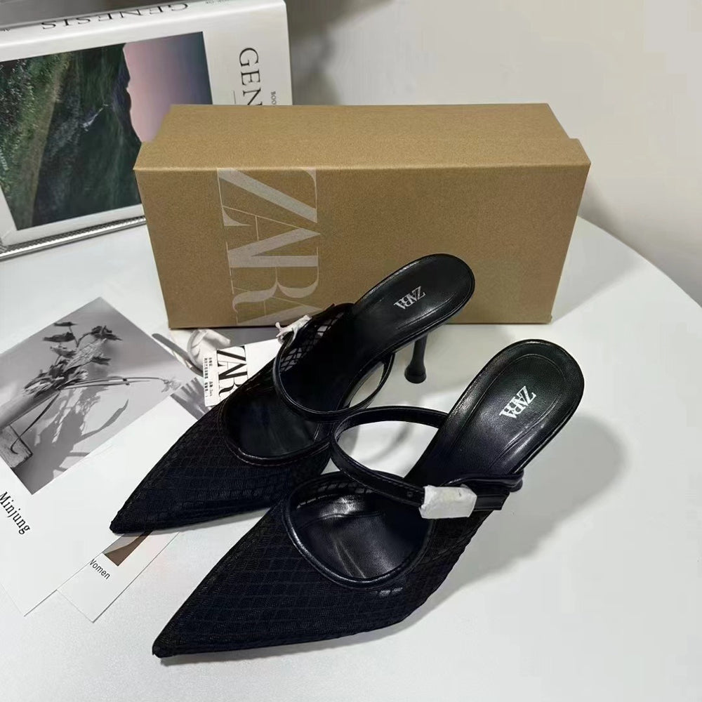 Za new 2024 summer women's shoes: mesh high heels, stiletto heels, thong sandals, low-cut open heels, breathable mules, and sandals