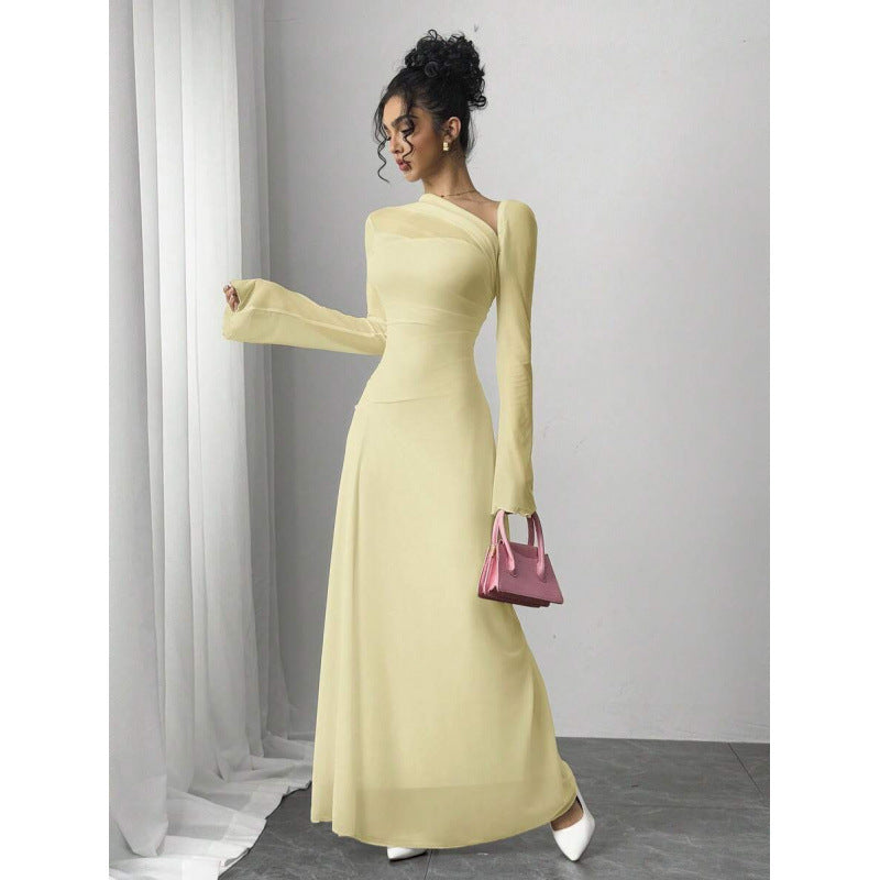 fashionautum mesh patchworklong sleeveselegance asymmetrical pleated silma-linedress women