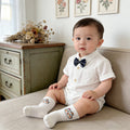 Newborn baby boy summer clothes - lightweight romper, newborn bodysuit, summer full month celebration bow tie outfit, first birthday onesie