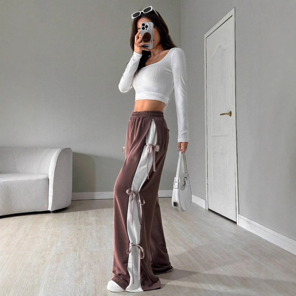 fashion women's  new casual drawstring sweatpants with bow detail and color block design (suitable for europe and the us)