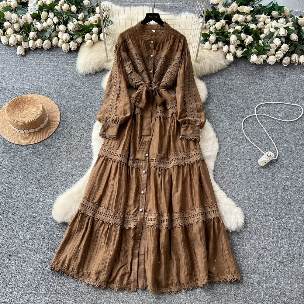 French retro court lace patchwork tie-waist lantern sleeve rhinestone embellished dress - slimming, elegant, and chic maxi dress