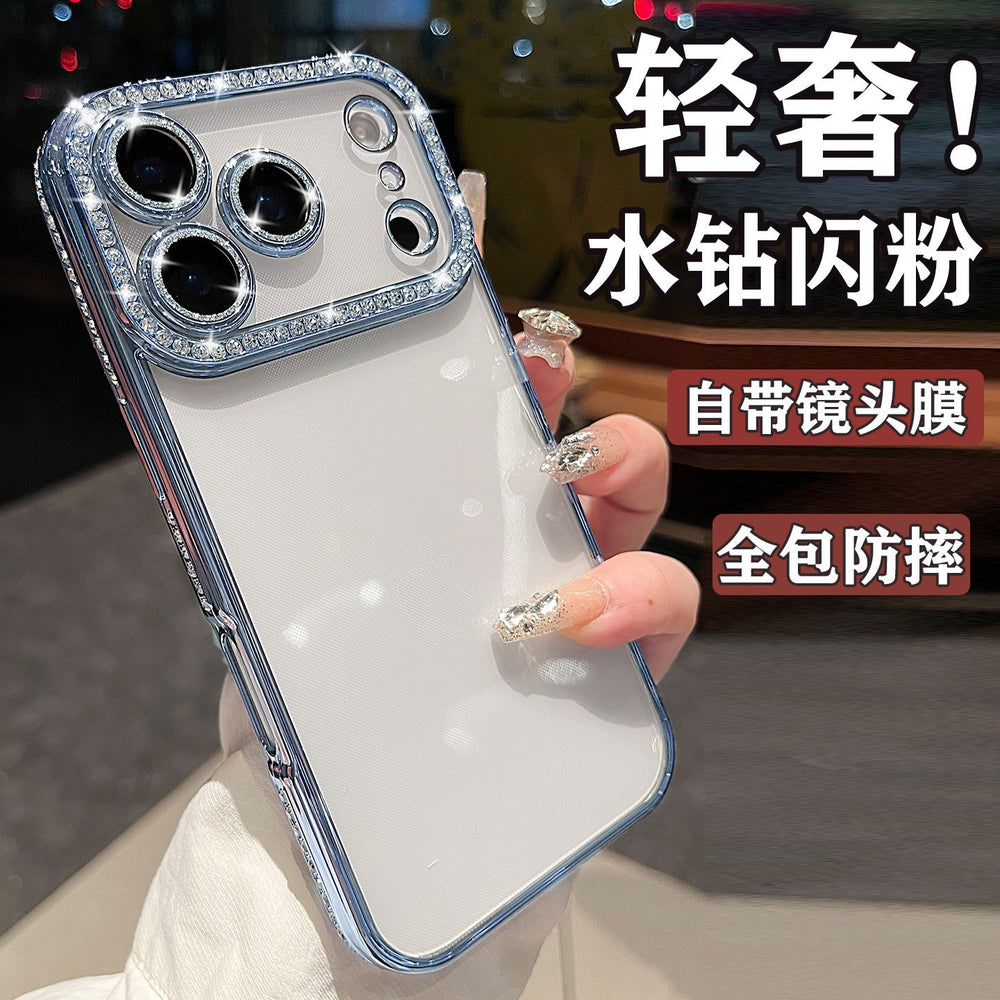 Suitable for apple 17 transparent mobile phone case 16 glitter lens film rhinestone frame iphone 15 soft case protective cover 11
