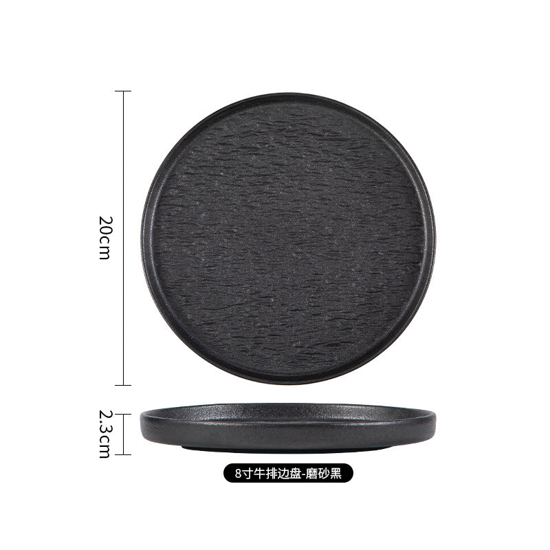 Japanese-style premium black and white ceramic dinnerware - high-end rock texture dinner plates for home use - round steak and chop dishes for restaurants