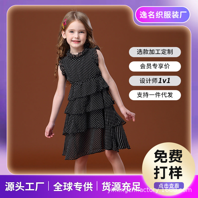 Girls' polka dot black ruffle dress, kids' sundress, ages 3-12, korean style summer new arrival